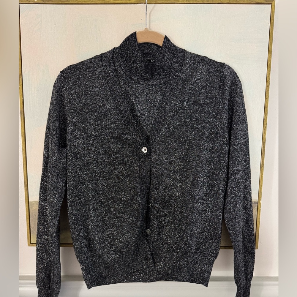 MINNIE ROSE Viscose Lurex Button Cardigan & Shell Set Black Sparkle Size Medium - Picture 2 of 8